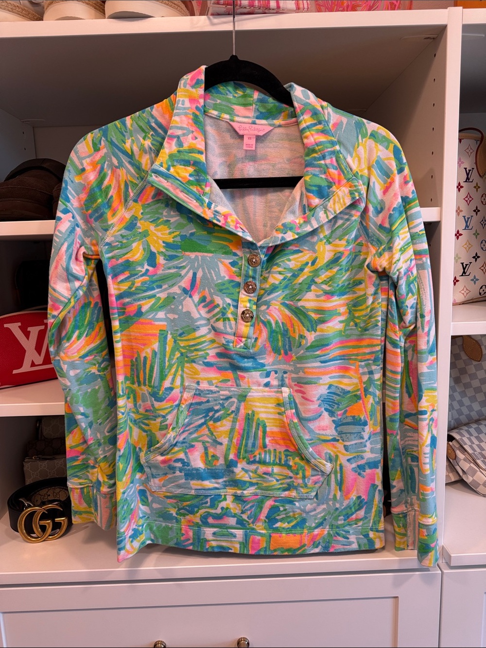 Lilly Pulitzer Tropical Brushstroke Pullover Hoodie - Aqua, Pink, Yellow, Green
